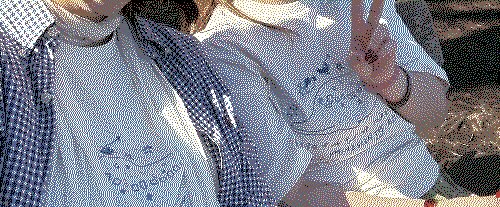 us with the t-shirts (me: left, friend: right)! it's a whale as a bus – reminds me of totoro~